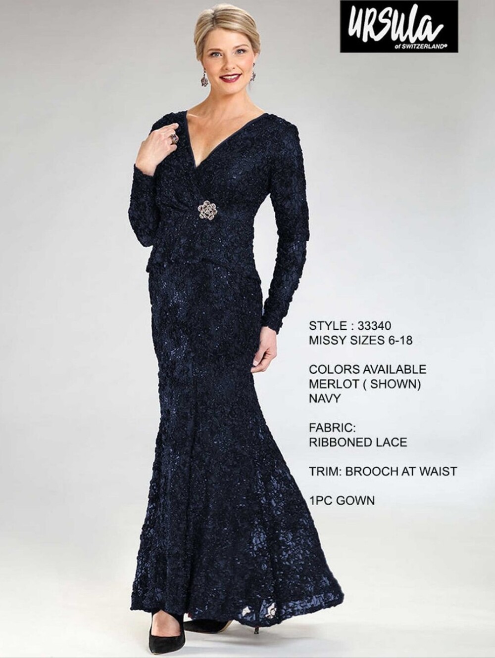 Sz 18 Ursula of Switzerland Navy Blue Lace/Sequin Surplice Peplum Mermaid Gown